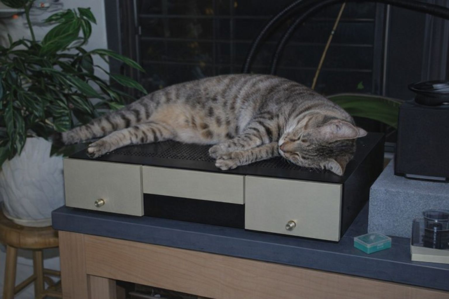 En randig katt som sover på en elektronisk apparat i ett hem.