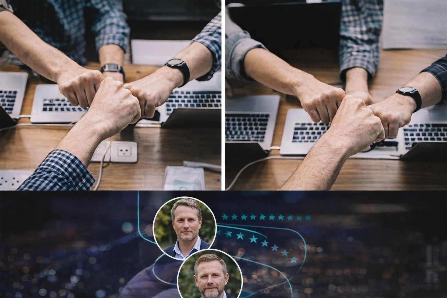 Kollegor gör en fist bump över bärbara datorer på ett kontor.